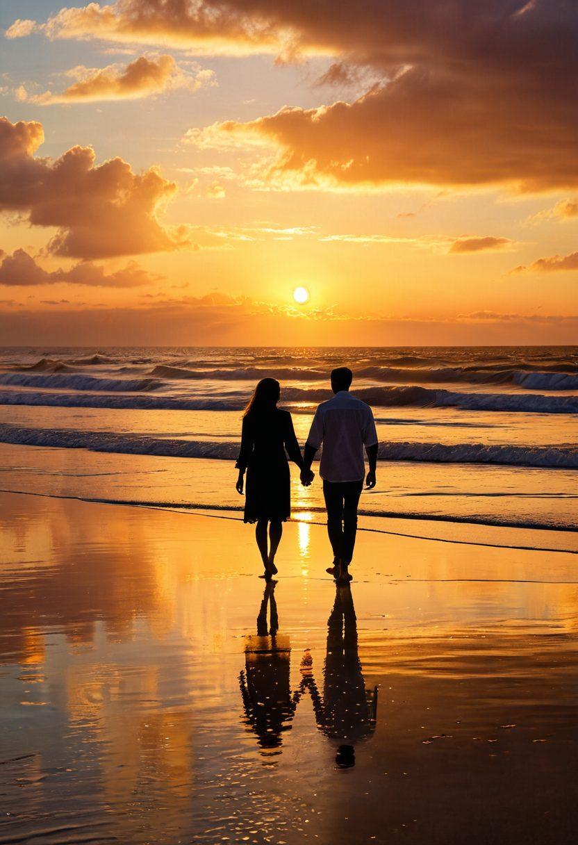 A romantic couple holding hands on a sunset beach walk, with golden sunlight shimmering on the waves, and a misty horizon symbolizing an endless journey together. Include subtle heart-shaped motifs in the clouds and create a tranquil, loving atmosphere. painting. vibrant colors.