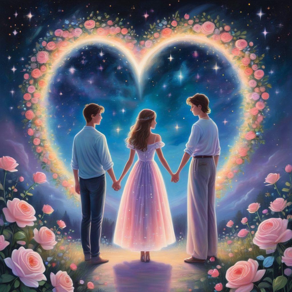 A romantic couple standing under a moonlit sky, holding hands and gazing into each other's eyes with a glowing heart-shaped aura around them, symbolizing love and intimacy. Soft pastel colors with a dreamy, whimsical background featuring twinkling stars and blooming roses. painting. vibrant colors. fantasy-like.