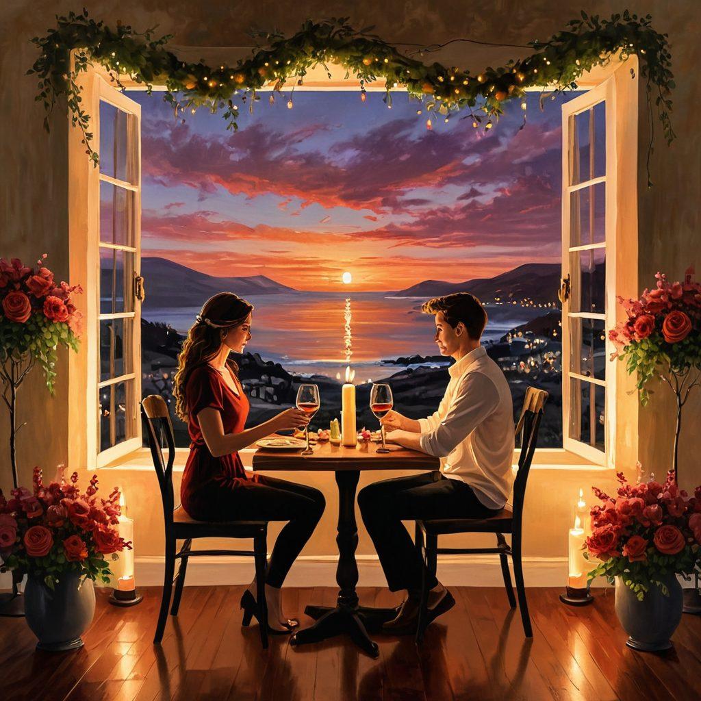 An elegant, romantic scene with a couple in the foreground holding hands and gazing into each other's eyes, surrounded by soft, glowing lights. In the background, a cozy, candle-lit dinner setup with flowers and wine glasses enhances the intimate atmosphere. A gentle sunset illuminates the surroundings, highlighting warmth and connection. painting. vibrant colors. dreamy aesthetic.
